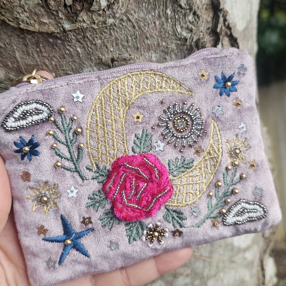 Embroidered Floral and Moon Women's Clutch